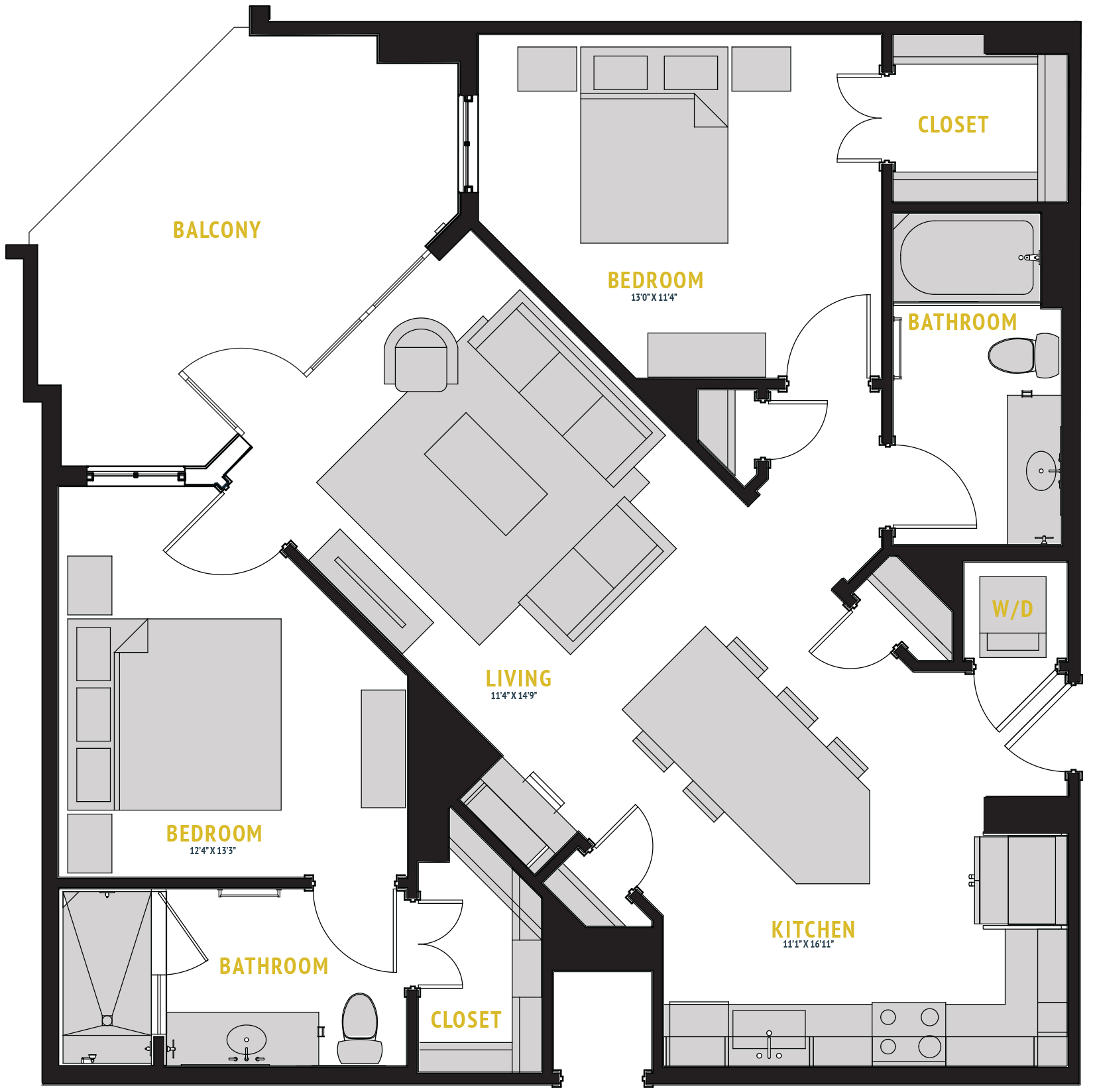 Floor plan for 2 beds, 2 baths, 1099 sqft